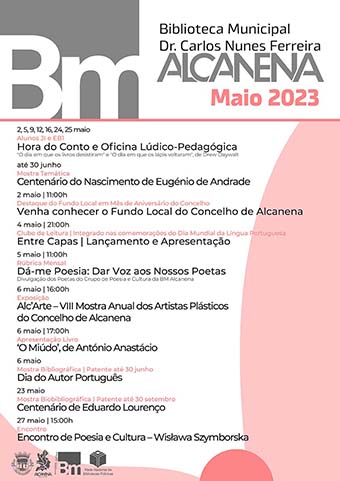 Programação da Biblioteca Municipal Dr. Carlos Nunes Ferreira para o mês de maio de 2023